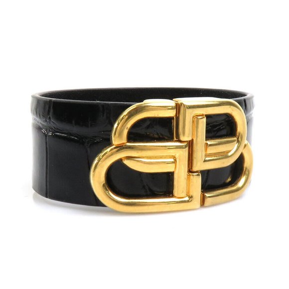 Auth BALENCIAGA Bracelet Black/Gold Embossed Leather/Metal - Picture 1 of 16